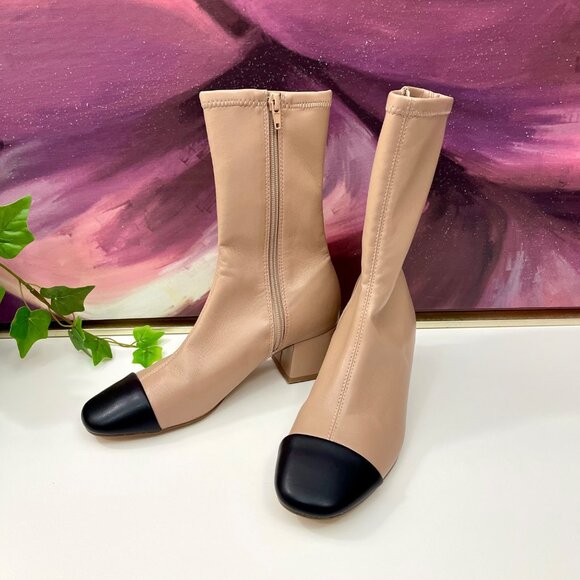 Steve Madden Beige Ankle Boots With Black Cap Toe & Side Zip Size 7.5 - Picture 1 of 8